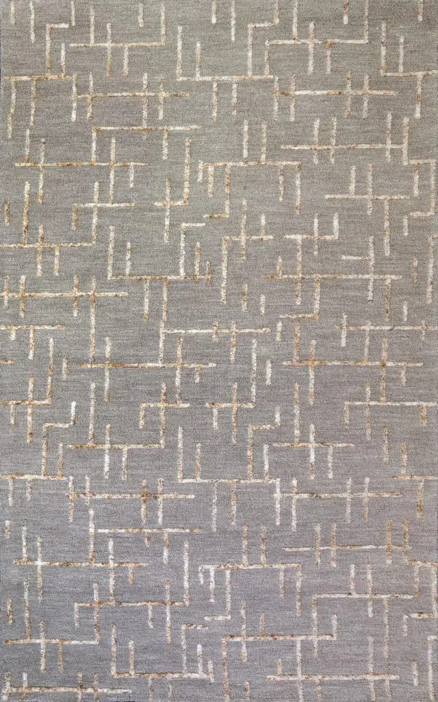 Gray rug with a tan geometric maze-like pattern of interconnected lines.