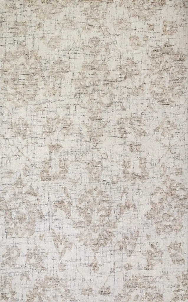 Cream-colored rug with a subtle, faded beige floral and geometric pattern across the surface.