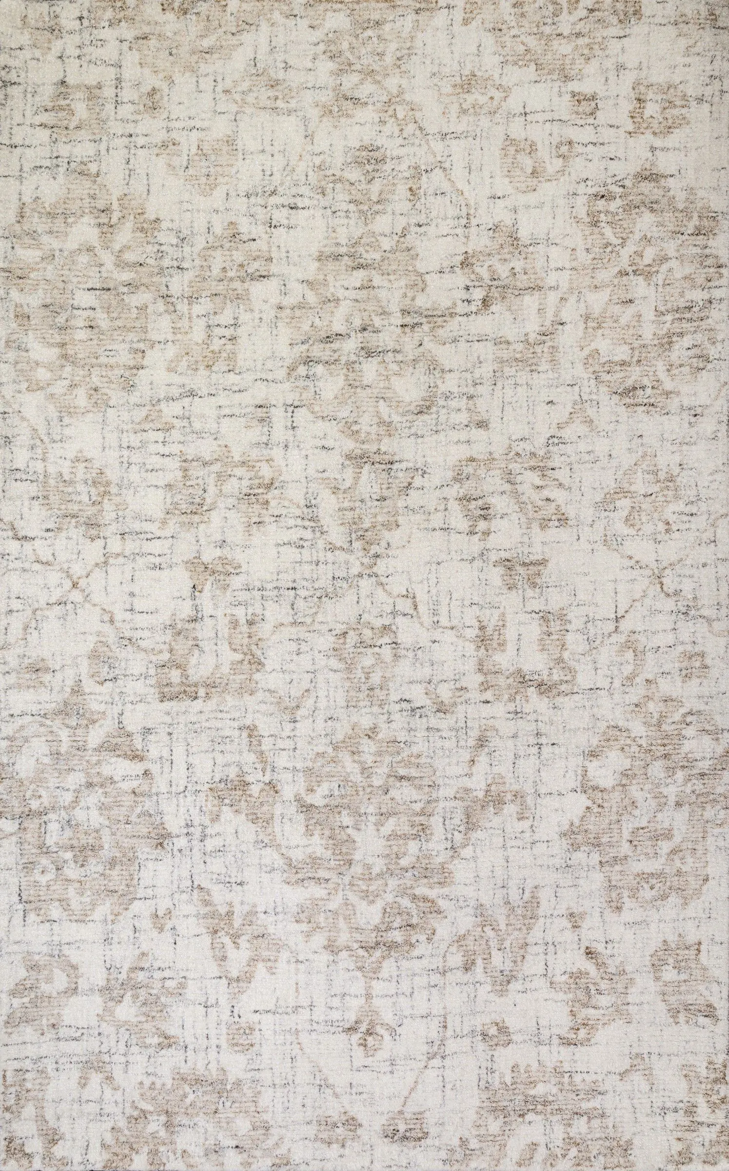 Cream-colored rug with a subtle, faded beige floral and geometric pattern across the surface.