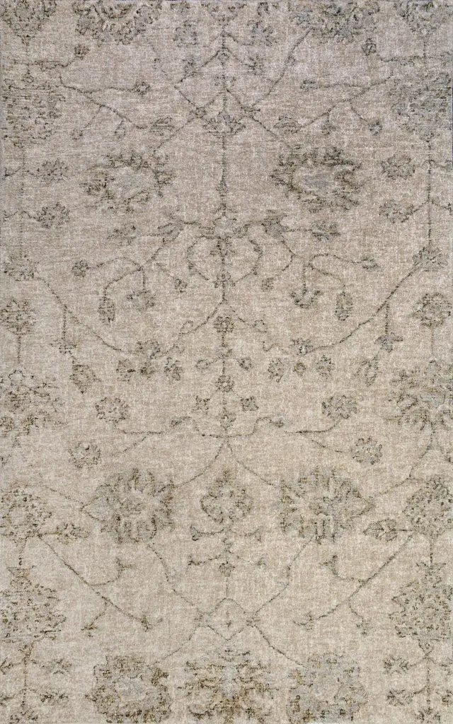 Beige oriental rug with faded blue floral and geometric patterns.
