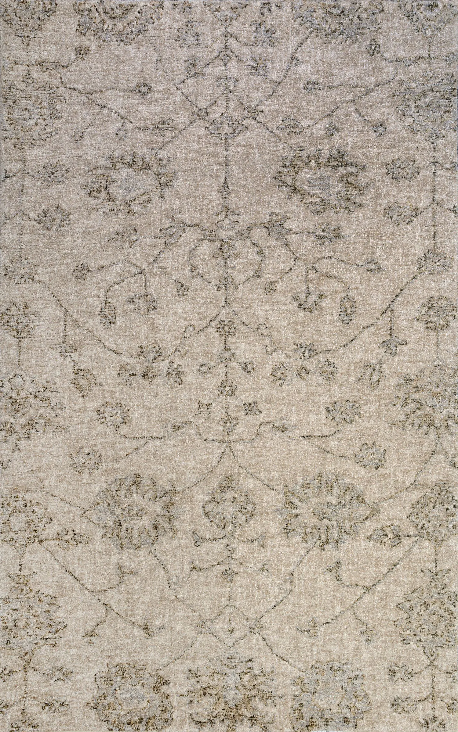 Beige oriental rug with faded blue floral and geometric patterns.