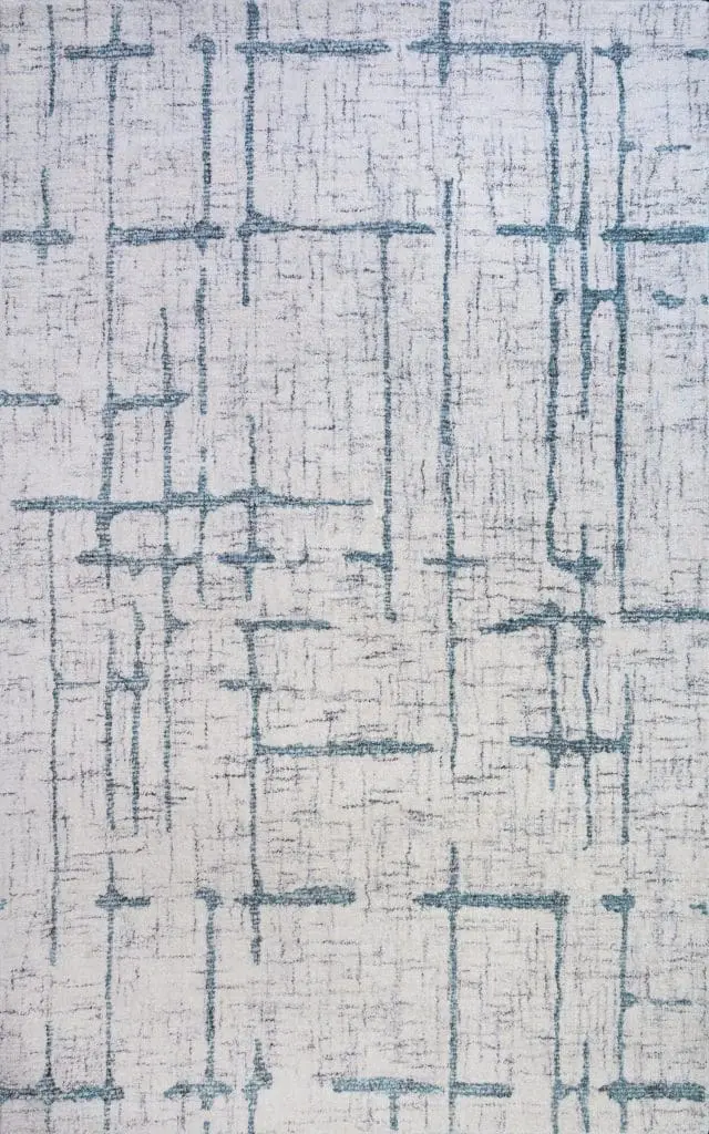 Abstract blue geometric rug pattern on a light background.