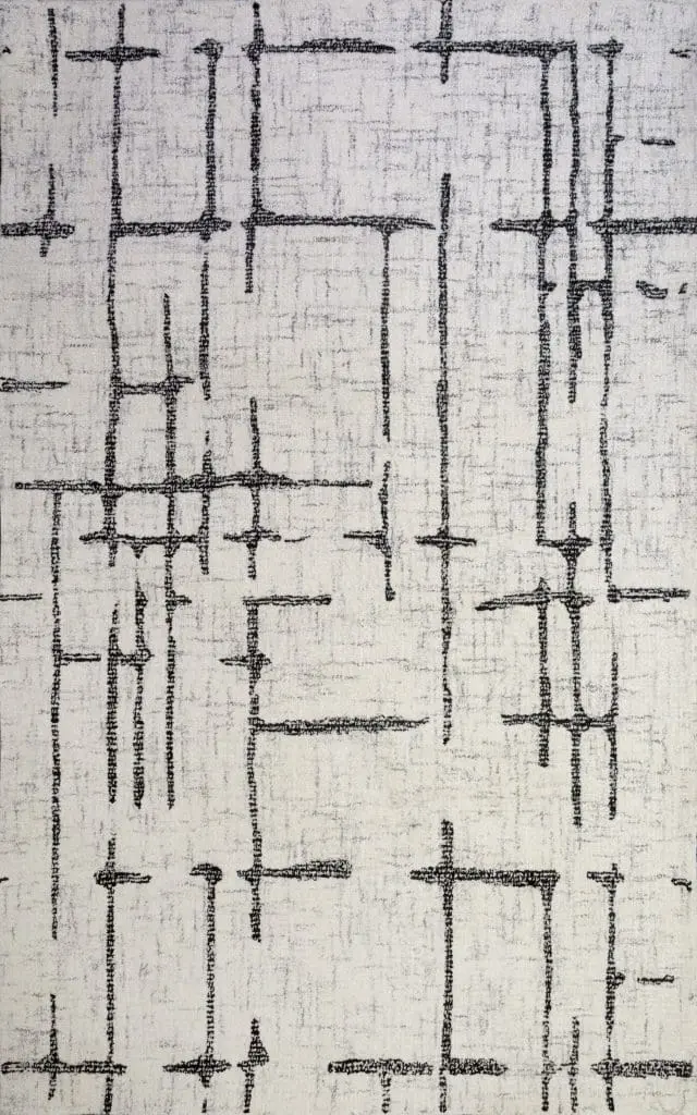 Abstract black geometric line drawing on beige fabric, like a technical schematic image.