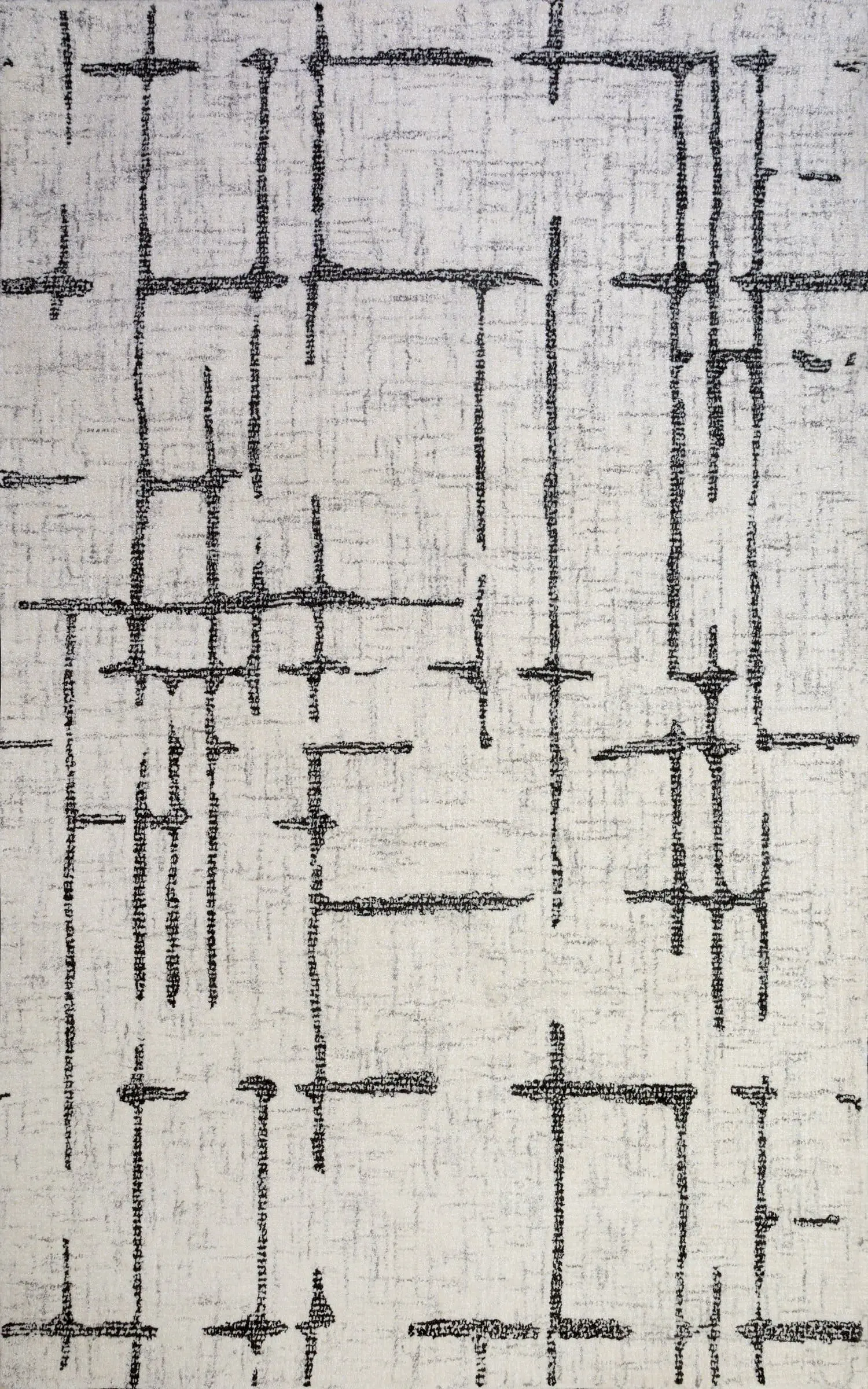 Abstract black geometric line drawing on beige fabric, like a technical schematic image.