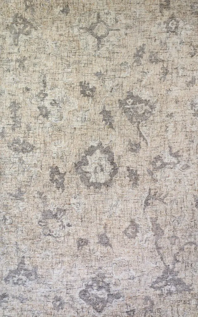 Faded beige and gray oriental rug with a distressed floral pattern (vintage style).