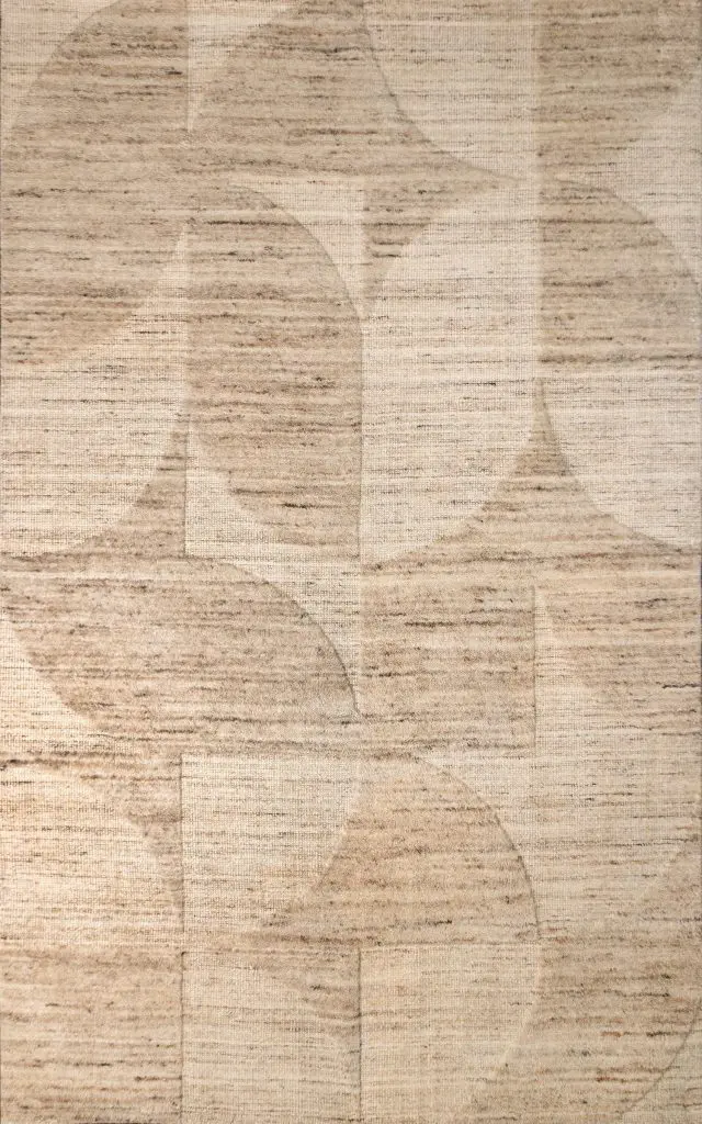 Beige textured rug with large overlapping circular patterns in light brown.