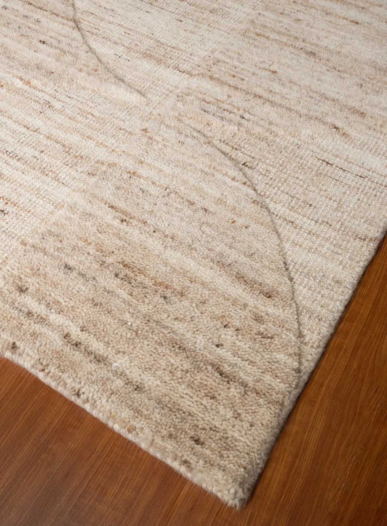 Beige plush area rug on a brown hardwood floor, with the rug edges visible at the corner of the image.