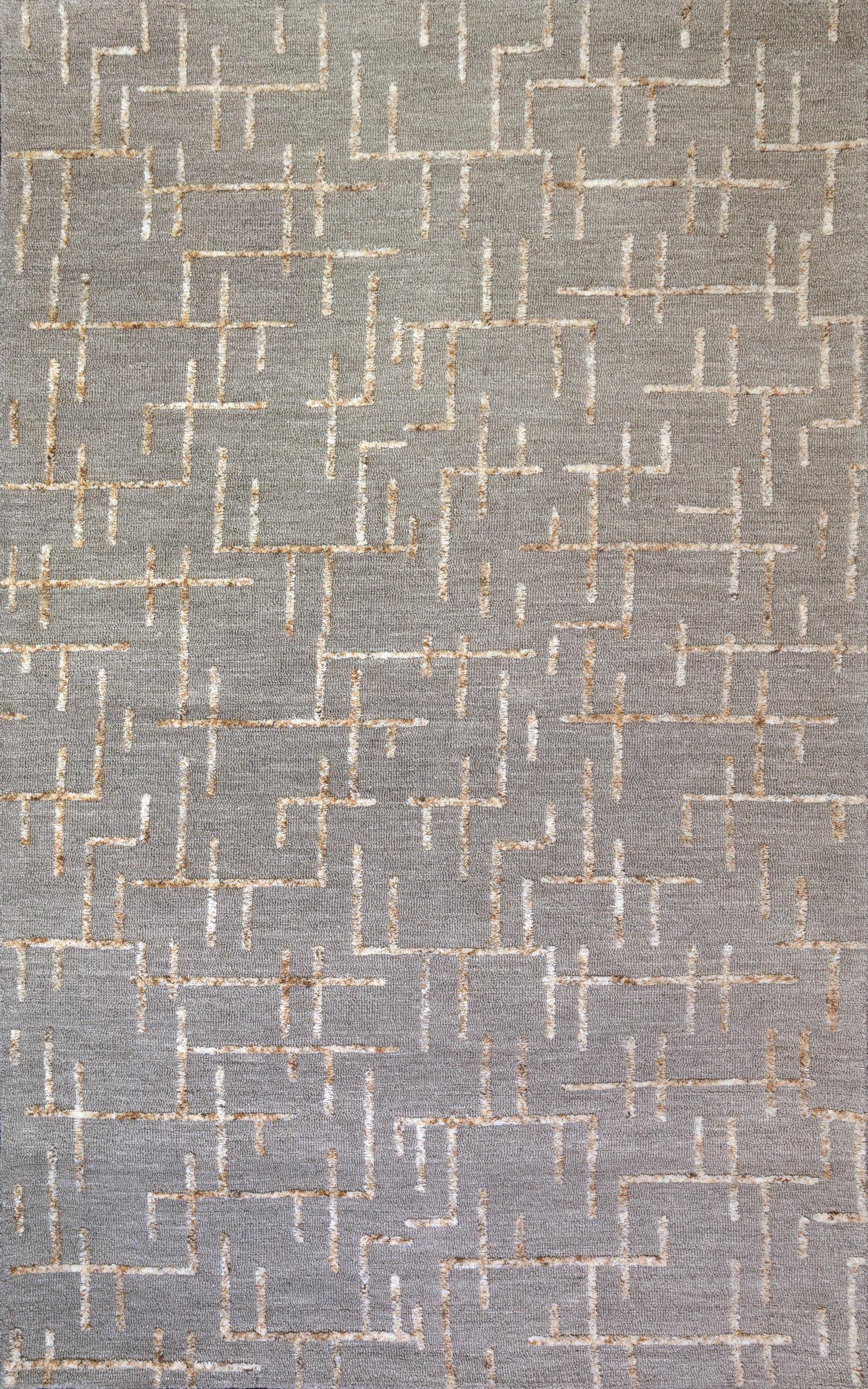 Gray rug with a tan geometric maze-like pattern of interconnected lines.